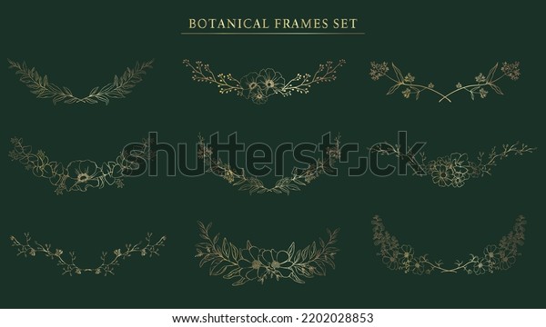 Botanical Frame\
set . Gold line hand drawn floral borders and divider with branch\
vector illustration. Elegant line wedding herb, elegant leaves for\
invitation save the date\
card.