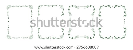 Botanical frame set with green leaves and floral elements arranged in decorative borders with minimalist line art style for invitations wedding cards branding packaging and nature themed design.Vector