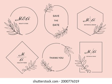 botanical frame set, hand drawn olive leaves frame, vector illustration