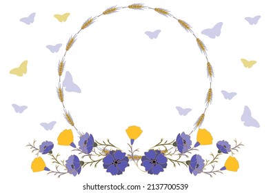 Marco botánico de las orejas de trigo con flores amarillas y azules y mariposas de colores sobre un fondo blanco