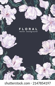 Botanical frame with white vector tulip flowers. Realistic, hand-drawn spring flowers, leaves and petals in a template for social networks, advertising banners, postcards, design your products.