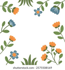 Botanical frame with yellow tulips, blue flowers, leaves and grass. Floral border. Vector plants illustration on transparent background.