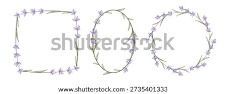 Botanical frames of blooming lavender set. Square, oval, and round floral shapes. Blank frame templates for cards, invitations and design. Vector graphics