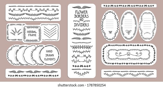 Botanical frames and dividers lines. Hand drawn vector brushes. Decorated  elements with leaves and wild herbs in Doodle style. Trendy illustration for greeting cards, seasonal decor, borders, photo.