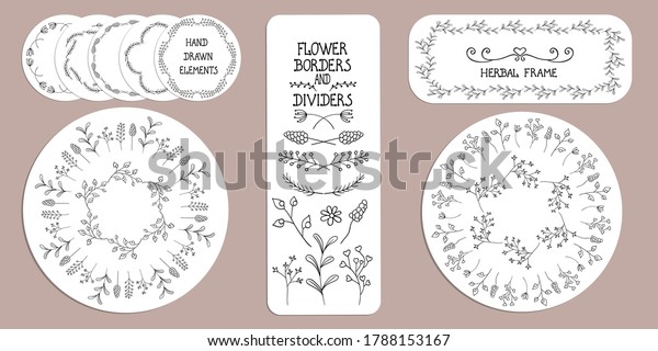 Botanical frames and dividers lines. Hand drawn\
vector brushes. Decorated  elements with leaves and wild herbs in\
Doodle style. Trendy illustration for greeting cards, seasonal\
decor, borders,\
photo.