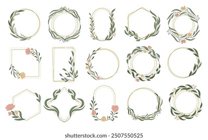 Botanical frames. Floral design templates for wedding cards minimalistic flower buds branches and leaves recent vector decorative set