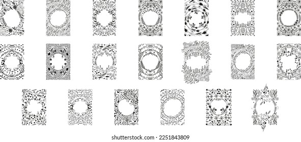 Botanical frames. Hand drawn round line border, leaves and flowers, wedding invitation and cards, logo design and posters template. Elegant minimal style floral vector set. Vector illustration