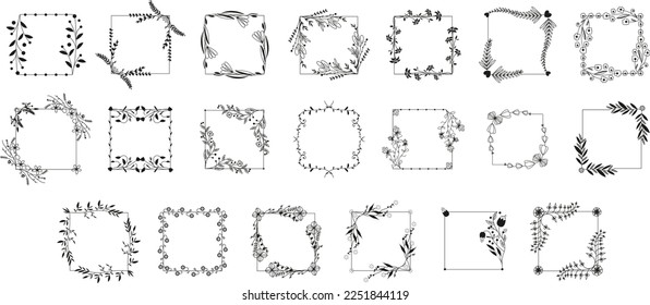 Botanical frames. Hand drawn round line border, leaves and flowers, wedding invitation and cards, logo design and posters template. Elegant minimal style floral vector set. Vector illustration