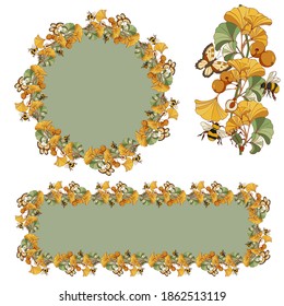 Botanical frames for illustrations with elements of Ginkgo plants and butterflies, bees