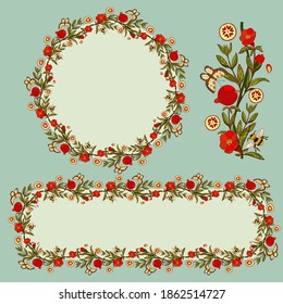 Botanical frames for illustrations with elements of pomegranate plants and butterflies, bees