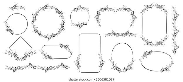 Botanical frames for wedding invitations and cards, monogram, logo design, covers, posters. Vector set with branches and leaves isolated on transparent background