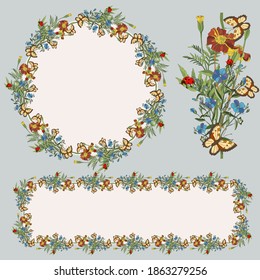 Botanical framework to illustrate the elements of plants are marigolds, butterfly and ladybug