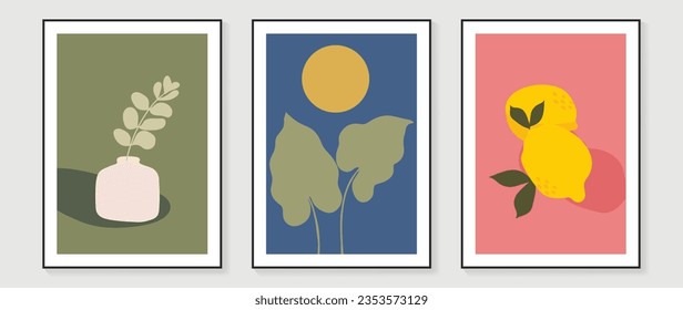 Botanical and fruit wall art vector set. Hand drawn doodle design with leaves, vase, moon, lemon. Illustration for print, wallpaper, cover, restaurant picture decoration, cafe interior.