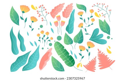 Botanical futuristic leaves and flowers isolated on a white background. Abstract modern foliage collection. Vector illustrations in flat style.