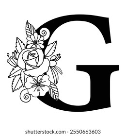 Botanical G Letter Art, Floral Alphabet Typography Family Sign, Monogram Logo Vector