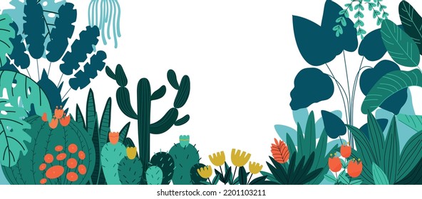 Botanical garden concept with exotic plants and flowers on white background vector illustration