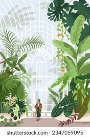 Botanical garden, conservatory with leaf plants. Woman entering into greenhouse park with greenery. Person in glasshouse with glass transparent wall, orangery nature. Flat vector illustration svg