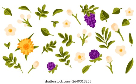 Botanical Garden Elements Set. Flat cartoon set of botanical elements with green leaves, yellow flowers and purple buds on white background. Fresh natural style.