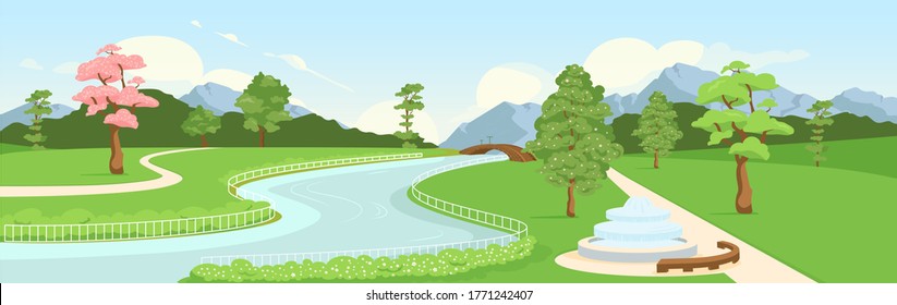 Botanical garden flat color vector illustration. Town eco zone panoramic view. City recreational park. Urban green area. River and streets 2D cartoon landscape with mountains and trees on background