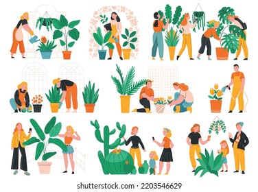 Botanical garden flat icons set with people growing exotic plants and cactuses isolated vector illustration