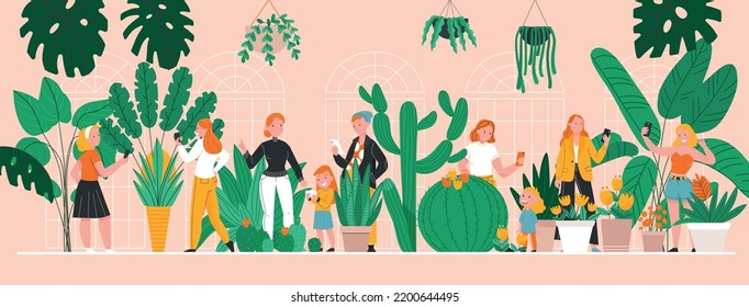 Botanical garden flat poster with people making selfie with plants vector illustration