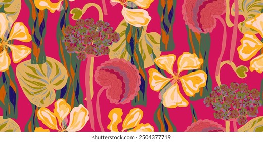 Botanical garden floral vector seamless pattern fantasy stylized plants rapport