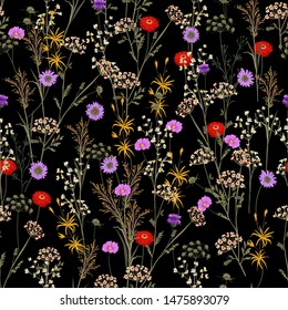 Botanical garden flower in the summer night seamless pattern in vector ,Design for fashion fabric, web, wallapper , wrapping ,book,cover and all prints on black