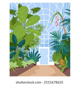 Botanischer Garten mit tropischer Natur, Pflanzen und Bäumen im Regenwald, Glaswände. Eco Gewächshaus Eingang mit Tür, Dschungel Grün wächst am Gang Indoor Cartoon Vektorgrafik