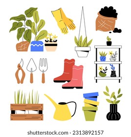 Botanischer Gartenbestand. Gummihandschuhe und -stiefel, Regenmantel. Stehen Sie auf Pflanzen, Blumentöpfe. Kleine Berufe, Schaufel und Rake. Cartoon-FlachVektorgrafik, einzeln auf weißem Hintergrund