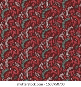 botanical garden leaves stem leaf nature pattern seamless colorful red green branch decoration classic