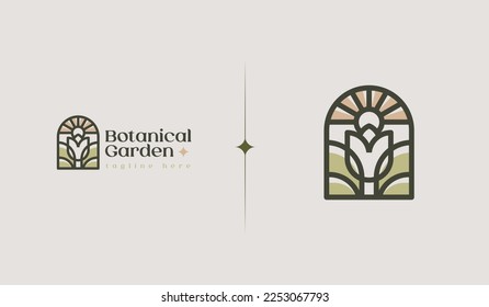 Botanischer Garten Monoline Logo Vorlage. Universal Creative Premium Symbol. Vektorgrafik. Kreative minimale Design-Vorlage. Symbol für die Unternehmensidentität