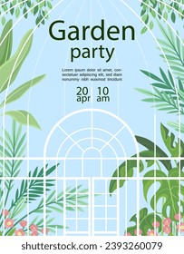 Botanical garden party poster. Flowers and leaves in flowerpots and wooden window. Plants in greenhouse. Tropical and exotic foliage. Invitational postcard. Cartoon flat vector illustration