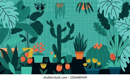 Botanical garden poster with exotic plants and cactuses vector illustration