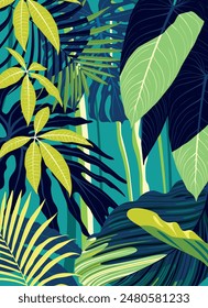 Botanical garden poster with monstera, philodendron, palm and  aralia leaves. Handmade drawing vector illustration.