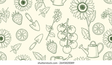 Botanical garden seamless pattern. Sunflower, watering can, strawberry, tomato vine, trowel, lemon slice and leaves scatter. Rustic farmer-market kitchen textile print