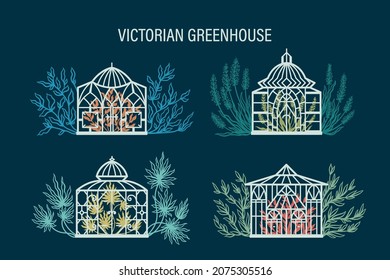 Botanical Garden Victorian Greenhouse Vector Set. Vintage Glass Orangery and Tropical Plants.