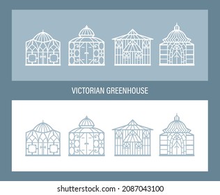 Botanical Garden. Victorian Greenhouses Vector Set. Vintage Glass Orangery. svg