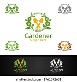 Botanical Gardener Logo with Green Garden Environment or Botanical Agriculture Vector Design Illustration