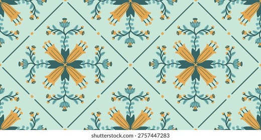 Botanical geometric seamless pattern. Floral simmetric ornament in rombus linea frames. Blue and beige colors. Background or texture for printing on fabric and paper. Vector ethnic design.
