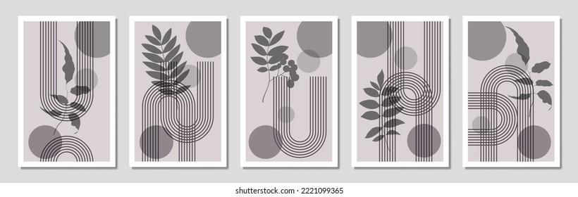 Botanical and geometrical poster vector set. Floral line art drawing with abstract shapes. Abstract leaf art design for print, cover, wallpaper, Minimalistic and natural wallpaper. Vector illustration