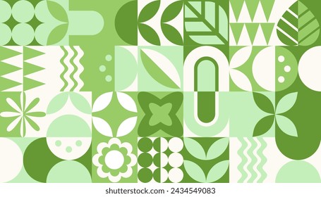 Botanical geometry minimalistic artwork background with simple shape flower, foliage and figure. Abstract vector pattern design in Scandinavian style for web banner, presentation, branding package