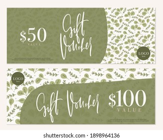Botanical gift voucher template set with nature inspired objects, green leaves and abstract organic shapes.