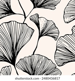 Botanical ginkgo biloba pattern black and white, drawing, asian plants, cover, background, textile, fabric, wallpaper, vector