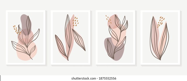 Botanical and gold abstract wall arts vector collection.  Golden and luxury pattern design with leaves line arts, Hand draw Organic shape design for wall framed prints, canvas prints, poster, home dec