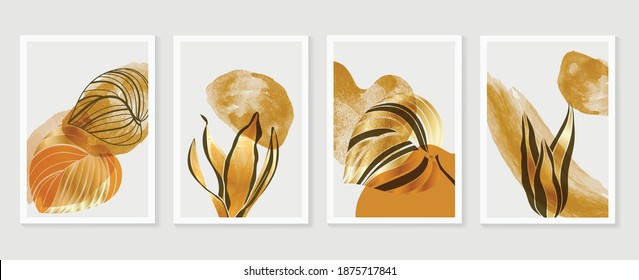 Botanical and gold abstract wall arts vector collection.  Golden and luxury pattern design with leaves line arts, Hand draw Organic shape design for wall framed prints, canvas prints, poster, home dec