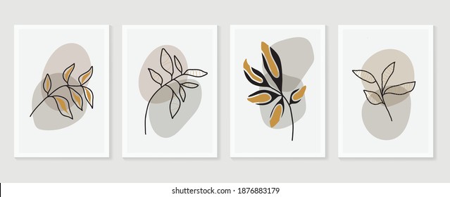 Colección vectorial de artes murales abstractas botánicas y doradas.  Diseño de patrones dorados y lujosos con artes de línea de hojas, dibujo manual Diseño de formas orgánicas para impresiones enmarcadas en pared, impresiones de lienzo, afiche, decúd casero