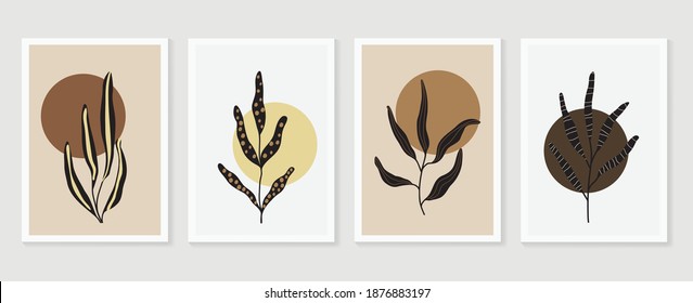 Botanical and gold abstract wall arts vector collection.  Golden and luxury pattern design with leaves line arts, Hand draw Organic shape design for wall framed prints, canvas prints, poster, home dec