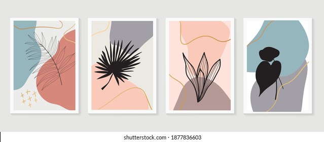 Botanical and gold abstract wall arts vector collection.  Golden and luxury pattern design with leaves line arts, Hand draw Organic shape design for wall framed prints, canvas prints, poster, home dec