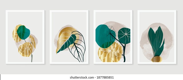 Botanical and gold abstract wall arts vector collection.  Golden and luxury pattern design with leaves line arts, Hand draw Organic shape design for wall framed prints, canvas prints, poster, home dec - Shutterstock ID 1877885851