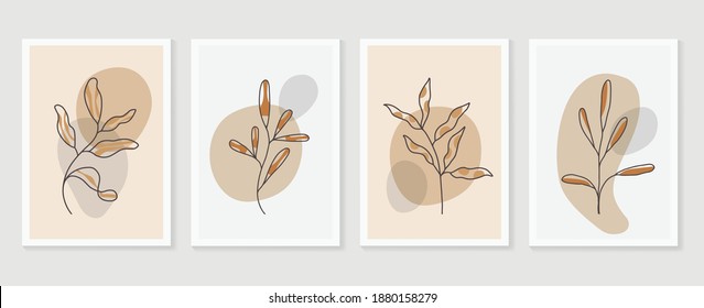 Botanical and gold abstract wall arts vector collection.  Golden and luxury pattern design with leaves line arts, Hand draw Organic shape design for wall framed prints, canvas prints, poster, home dec